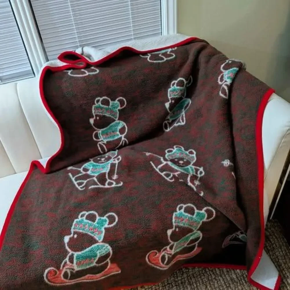 Vintage Biederlack Christmas Teddy Bear Blanket Skiing Sledding Reversible Throw